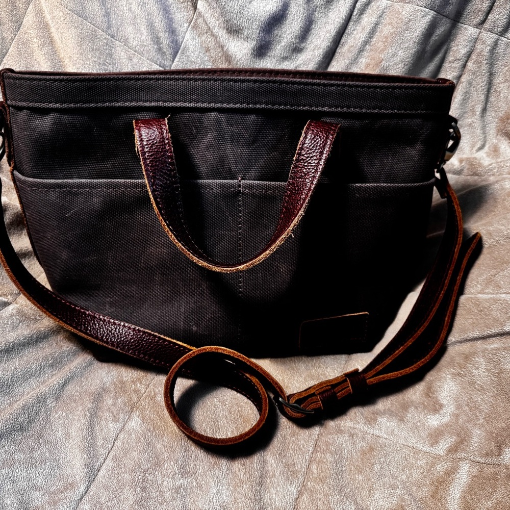 Portland Leather Brown canvas and leather crossbody Tote Bag